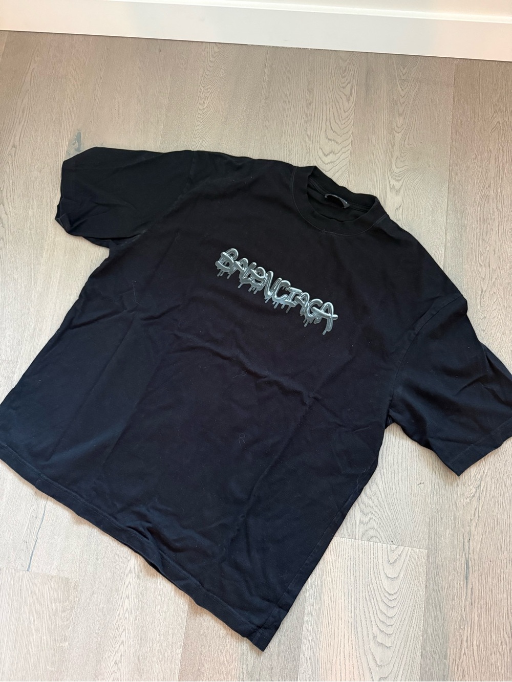 Balenciaga Black Short-Sleeve Logo Tee with Silver Drip Graphic
